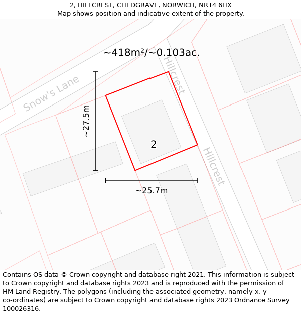 2, HILLCREST, CHEDGRAVE, NORWICH, NR14 6HX: Plot and title map