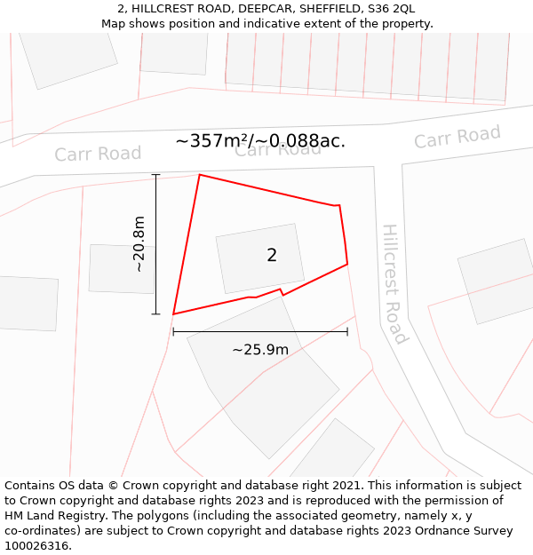 2, HILLCREST ROAD, DEEPCAR, SHEFFIELD, S36 2QL: Plot and title map