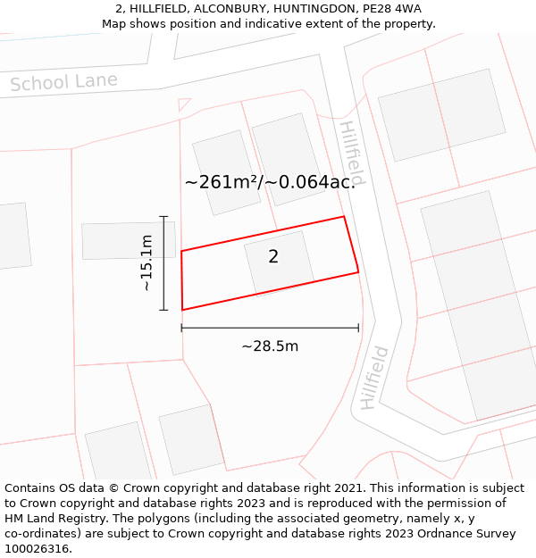 2, HILLFIELD, ALCONBURY, HUNTINGDON, PE28 4WA: Plot and title map