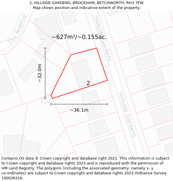 2, HILLSIDE GARDENS, BROCKHAM, BETCHWORTH, RH3 7EW: Plot and title map