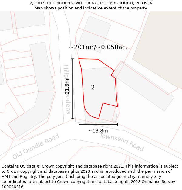 2, HILLSIDE GARDENS, WITTERING, PETERBOROUGH, PE8 6DX: Plot and title map