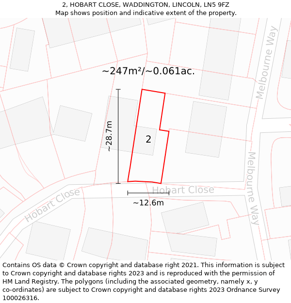 2, HOBART CLOSE, WADDINGTON, LINCOLN, LN5 9FZ: Plot and title map