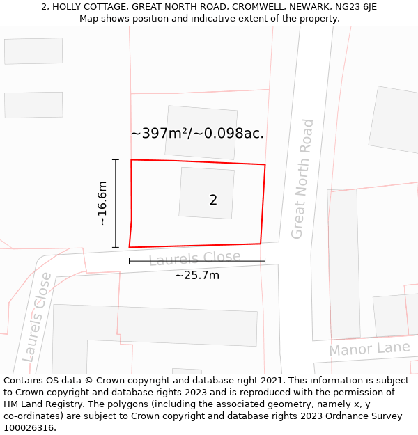 2, HOLLY COTTAGE, GREAT NORTH ROAD, CROMWELL, NEWARK, NG23 6JE: Plot and title map