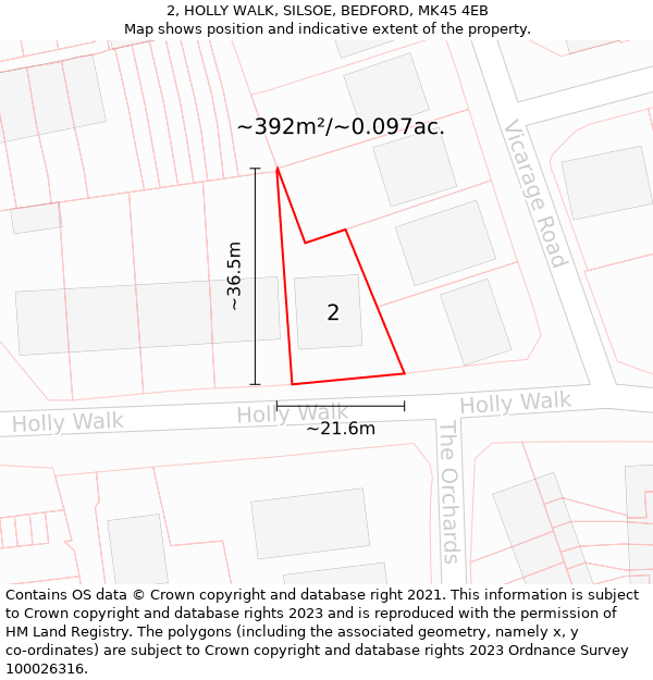 2, HOLLY WALK, SILSOE, BEDFORD, MK45 4EB: Plot and title map