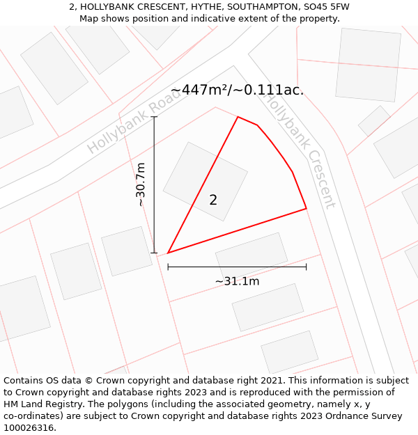 2, HOLLYBANK CRESCENT, HYTHE, SOUTHAMPTON, SO45 5FW: Plot and title map