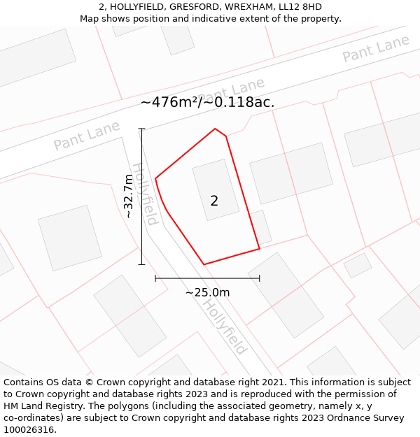 2, HOLLYFIELD, GRESFORD, WREXHAM, LL12 8HD: Plot and title map