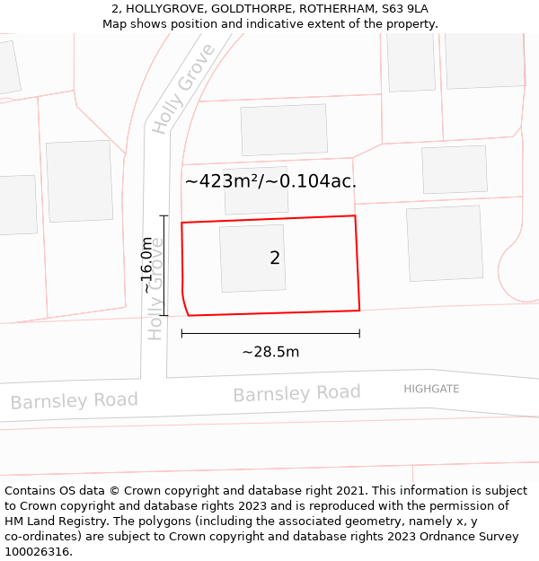 2, HOLLYGROVE, GOLDTHORPE, ROTHERHAM, S63 9LA: Plot and title map