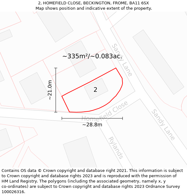 2, HOMEFIELD CLOSE, BECKINGTON, FROME, BA11 6SX: Plot and title map