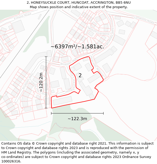 2, HONEYSUCKLE COURT, HUNCOAT, ACCRINGTON, BB5 6NU: Plot and title map