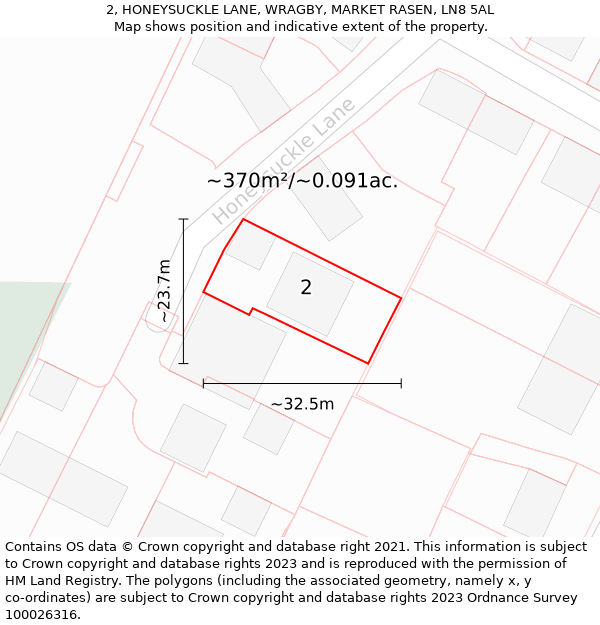 2, HONEYSUCKLE LANE, WRAGBY, MARKET RASEN, LN8 5AL: Plot and title map