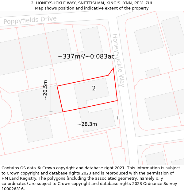 2, HONEYSUCKLE WAY, SNETTISHAM, KING'S LYNN, PE31 7UL: Plot and title map