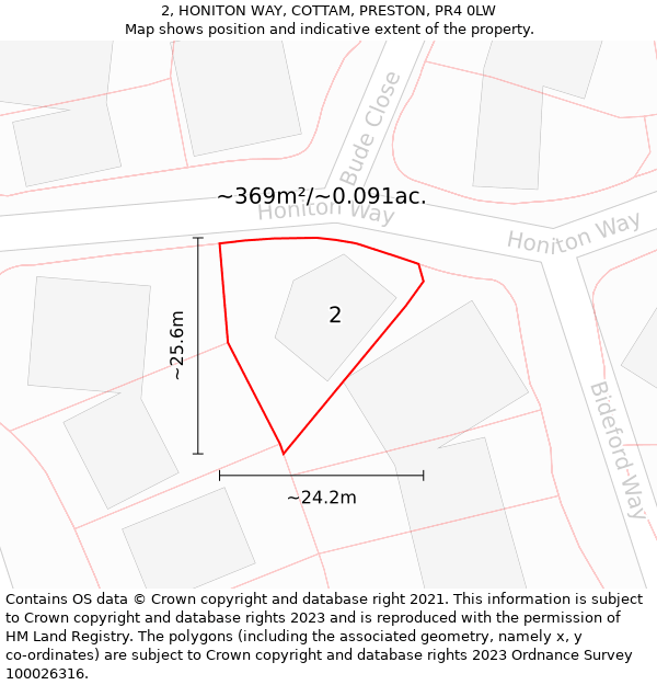 2, HONITON WAY, COTTAM, PRESTON, PR4 0LW: Plot and title map