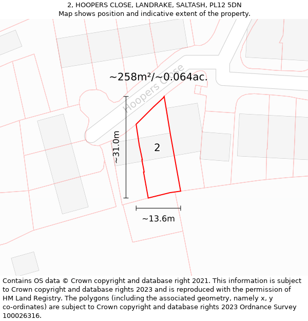 2, HOOPERS CLOSE, LANDRAKE, SALTASH, PL12 5DN: Plot and title map