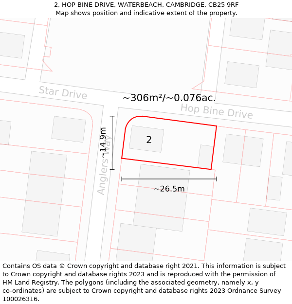 2, HOP BINE DRIVE, WATERBEACH, CAMBRIDGE, CB25 9RF: Plot and title map