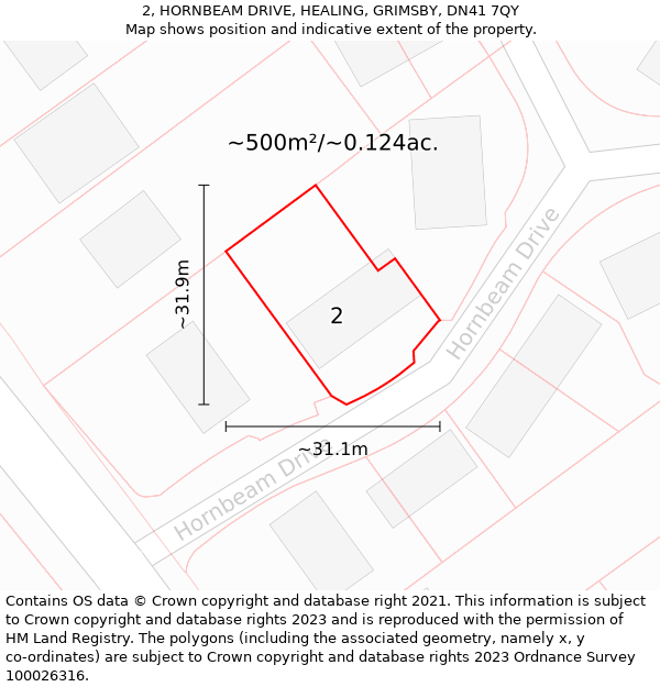 2, HORNBEAM DRIVE, HEALING, GRIMSBY, DN41 7QY: Plot and title map