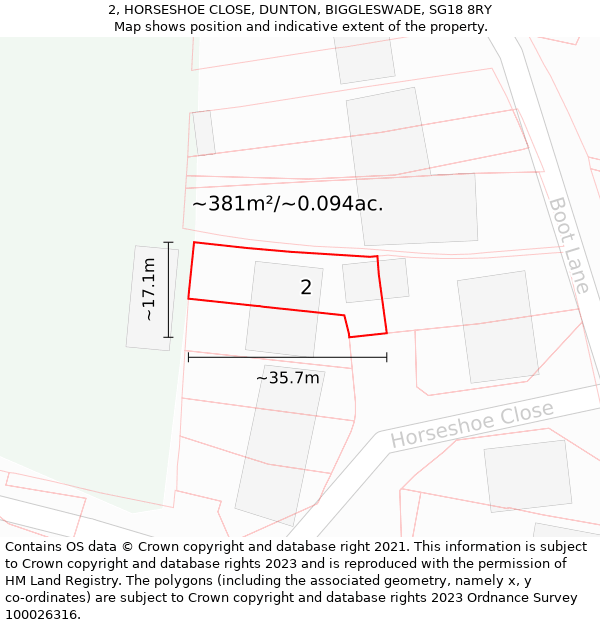 2, HORSESHOE CLOSE, DUNTON, BIGGLESWADE, SG18 8RY: Plot and title map