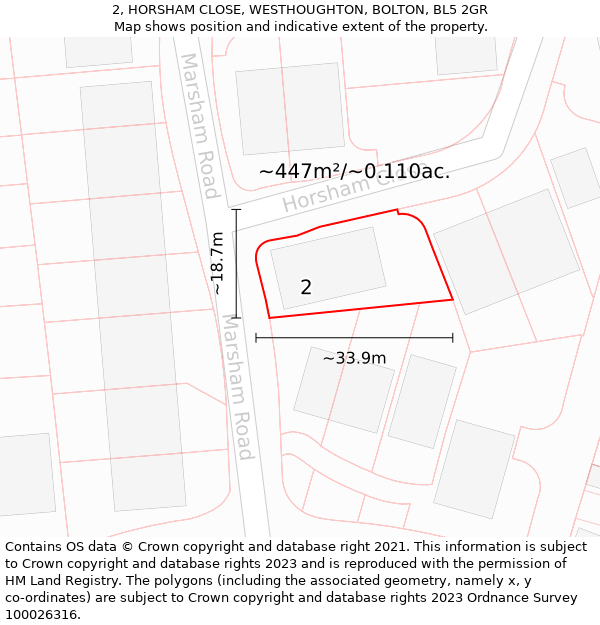 2, HORSHAM CLOSE, WESTHOUGHTON, BOLTON, BL5 2GR: Plot and title map