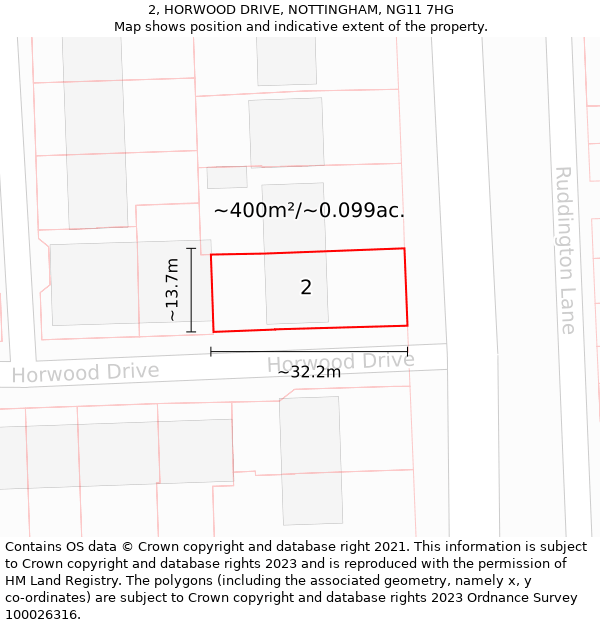 2, HORWOOD DRIVE, NOTTINGHAM, NG11 7HG: Plot and title map