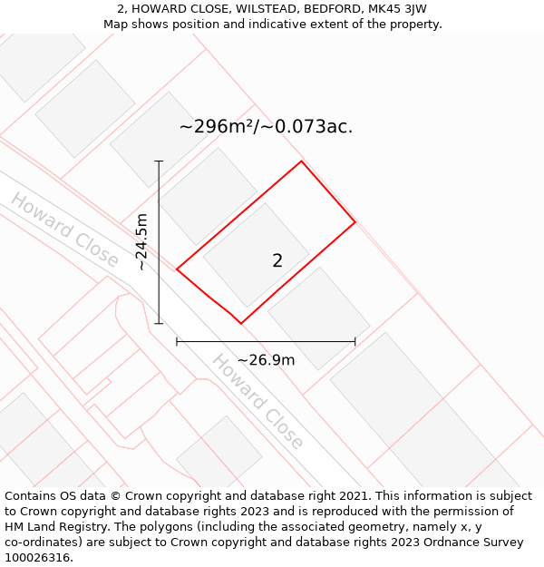 2, HOWARD CLOSE, WILSTEAD, BEDFORD, MK45 3JW: Plot and title map