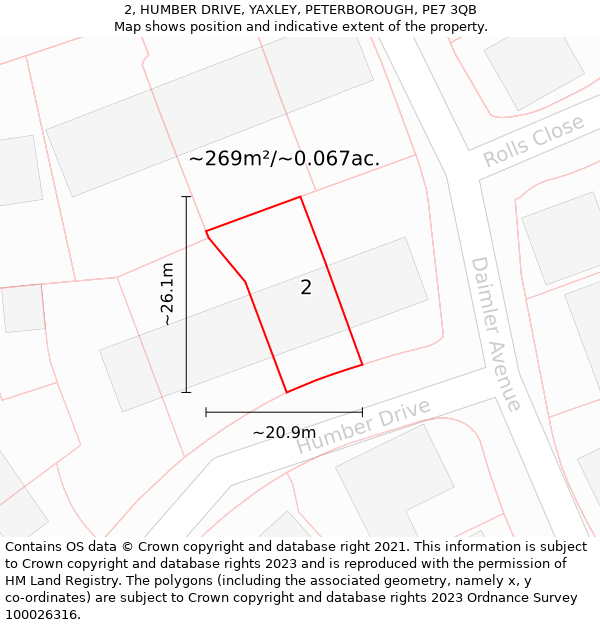 2, HUMBER DRIVE, YAXLEY, PETERBOROUGH, PE7 3QB: Plot and title map