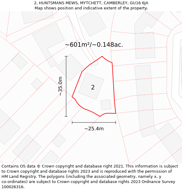2, HUNTSMANS MEWS, MYTCHETT, CAMBERLEY, GU16 6JA: Plot and title map