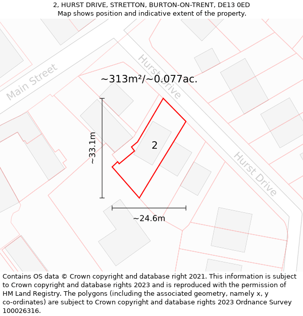 2, HURST DRIVE, STRETTON, BURTON-ON-TRENT, DE13 0ED: Plot and title map