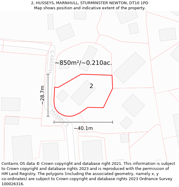 2, HUSSEYS, MARNHULL, STURMINSTER NEWTON, DT10 1PD: Plot and title map