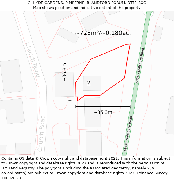 2, HYDE GARDENS, PIMPERNE, BLANDFORD FORUM, DT11 8XG: Plot and title map