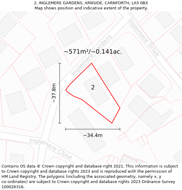 2, INGLEMERE GARDENS, ARNSIDE, CARNFORTH, LA5 0BX: Plot and title map