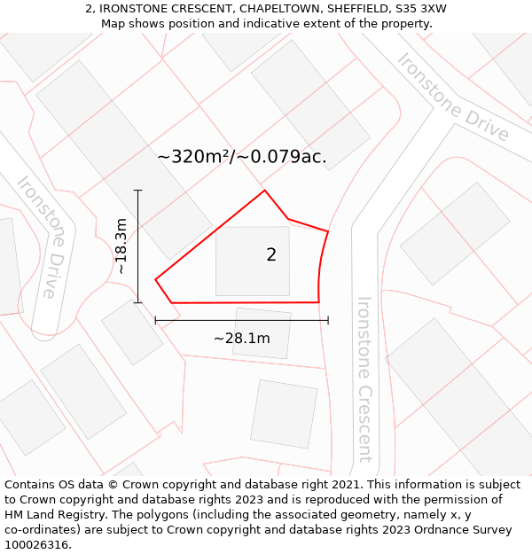 2, IRONSTONE CRESCENT, CHAPELTOWN, SHEFFIELD, S35 3XW: Plot and title map