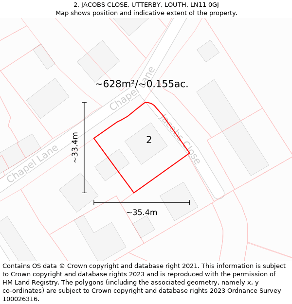 2, JACOBS CLOSE, UTTERBY, LOUTH, LN11 0GJ: Plot and title map