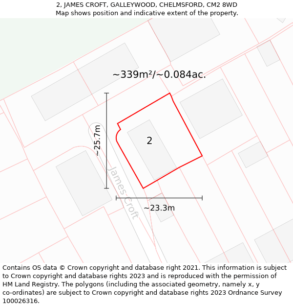 2, JAMES CROFT, GALLEYWOOD, CHELMSFORD, CM2 8WD: Plot and title map