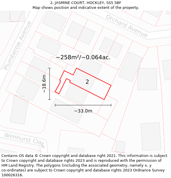 2, JASMINE COURT, HOCKLEY, SS5 5BF: Plot and title map