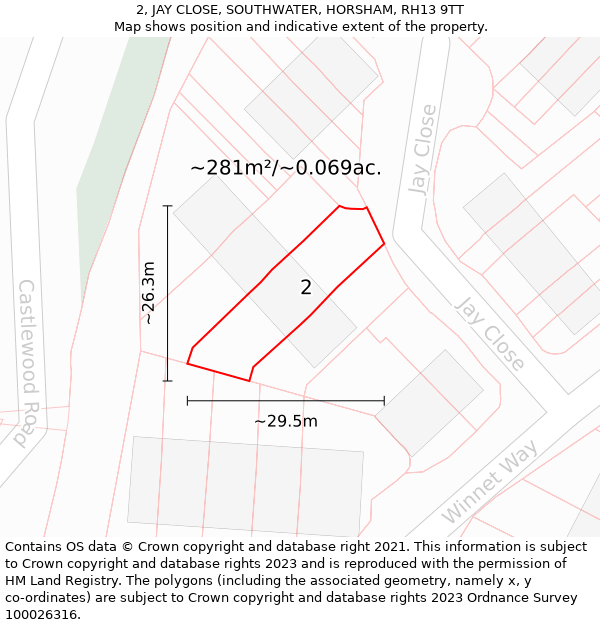 2, JAY CLOSE, SOUTHWATER, HORSHAM, RH13 9TT: Plot and title map