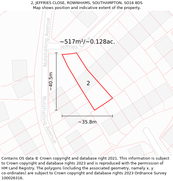 2, JEFFRIES CLOSE, ROWNHAMS, SOUTHAMPTON, SO16 8DS: Plot and title map