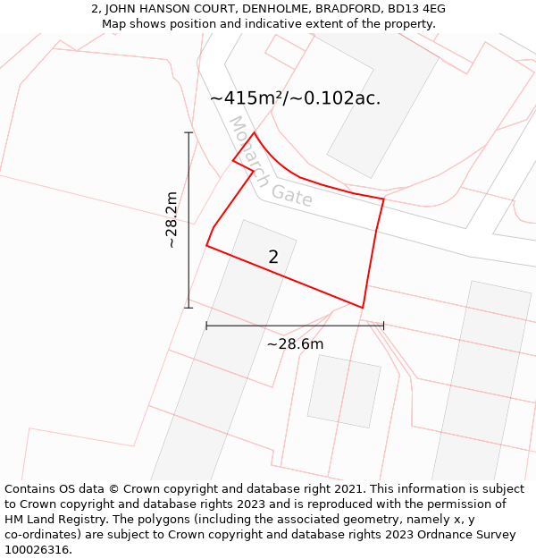 2, JOHN HANSON COURT, DENHOLME, BRADFORD, BD13 4EG: Plot and title map