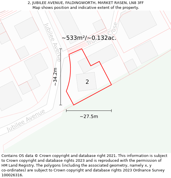 2, JUBILEE AVENUE, FALDINGWORTH, MARKET RASEN, LN8 3FF: Plot and title map