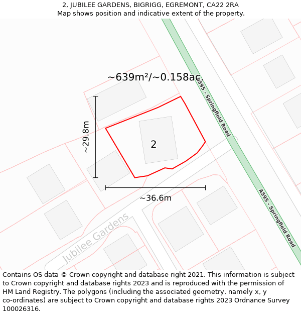 2, JUBILEE GARDENS, BIGRIGG, EGREMONT, CA22 2RA: Plot and title map