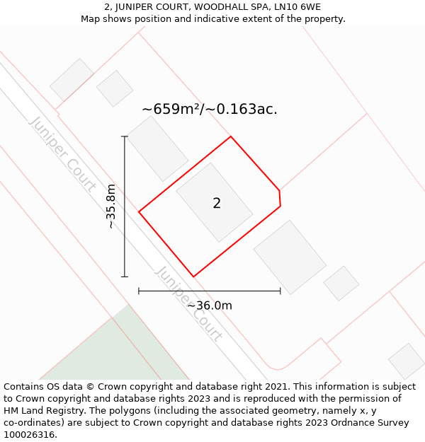 2, JUNIPER COURT, WOODHALL SPA, LN10 6WE: Plot and title map