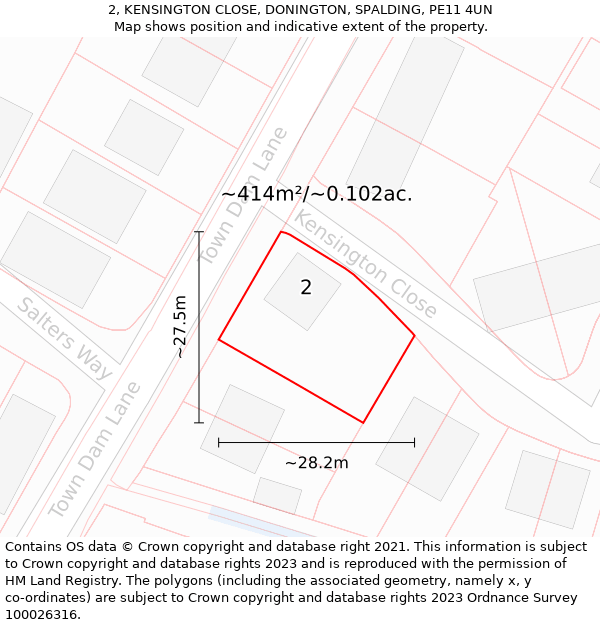 2, KENSINGTON CLOSE, DONINGTON, SPALDING, PE11 4UN: Plot and title map