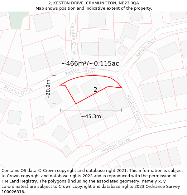 2, KESTON DRIVE, CRAMLINGTON, NE23 3QA: Plot and title map