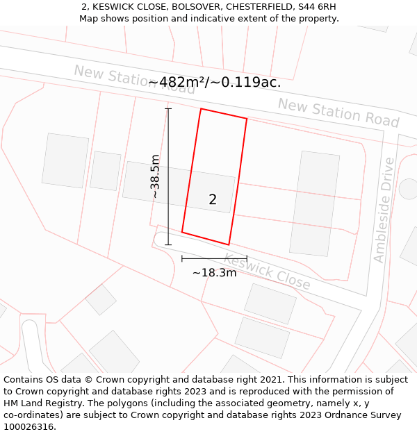 2, KESWICK CLOSE, BOLSOVER, CHESTERFIELD, S44 6RH: Plot and title map