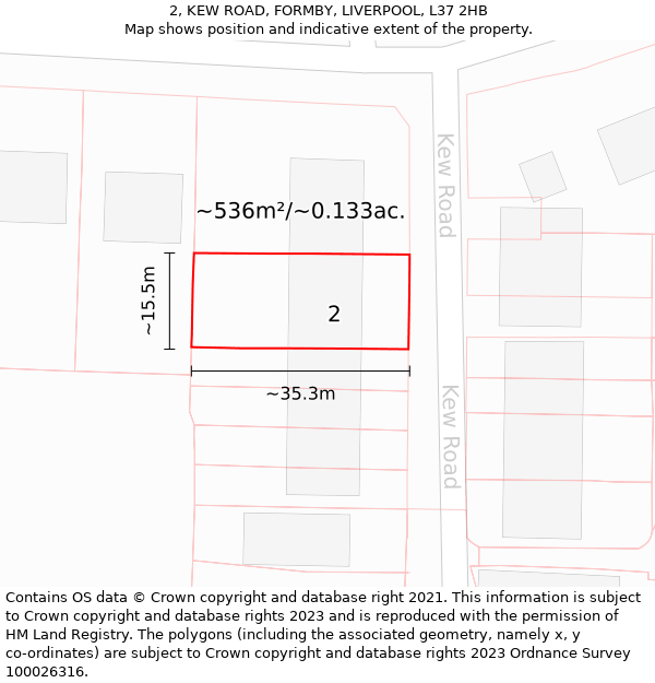 2, KEW ROAD, FORMBY, LIVERPOOL, L37 2HB: Plot and title map