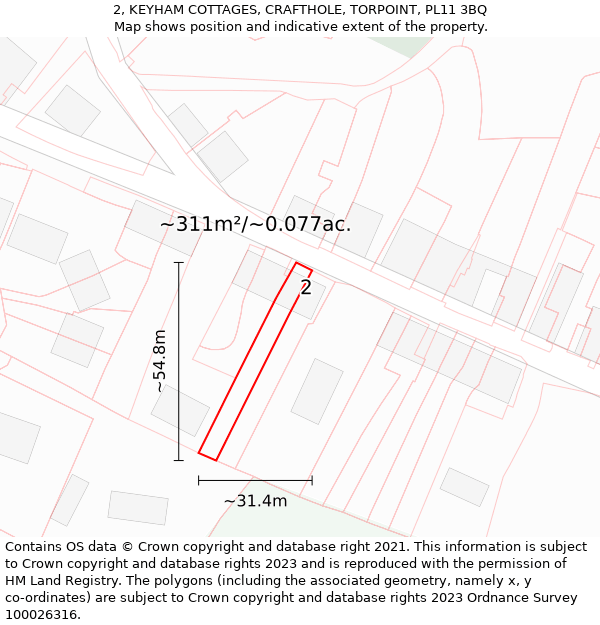 2, KEYHAM COTTAGES, CRAFTHOLE, TORPOINT, PL11 3BQ: Plot and title map