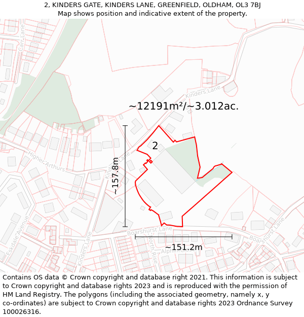 2, KINDERS GATE, KINDERS LANE, GREENFIELD, OLDHAM, OL3 7BJ: Plot and title map