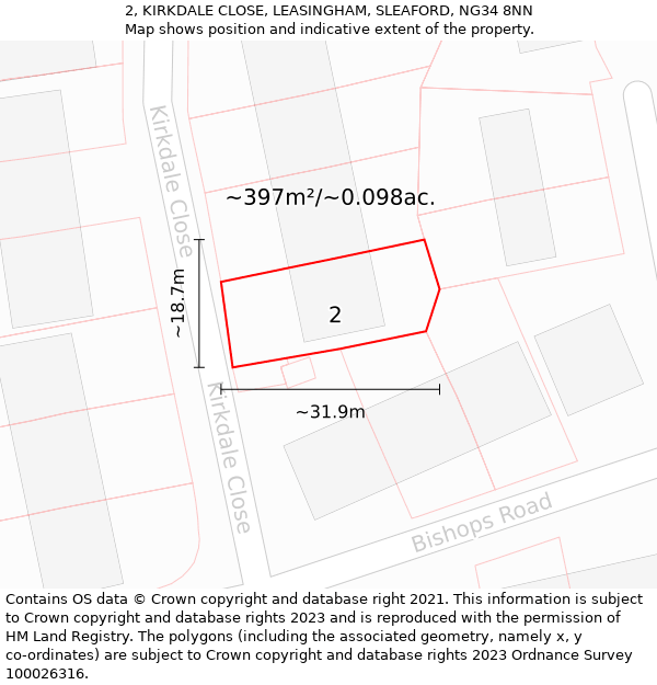 2, KIRKDALE CLOSE, LEASINGHAM, SLEAFORD, NG34 8NN: Plot and title map