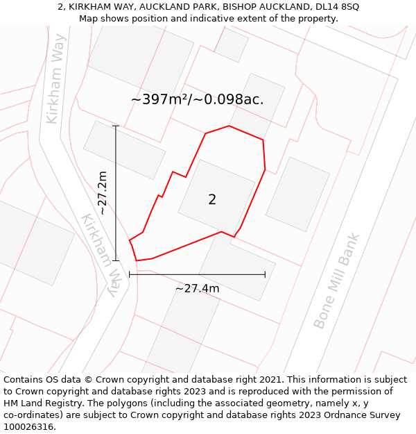 2, KIRKHAM WAY, AUCKLAND PARK, BISHOP AUCKLAND, DL14 8SQ: Plot and title map