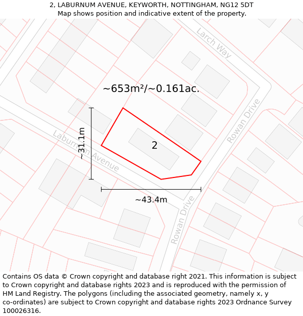 2, LABURNUM AVENUE, KEYWORTH, NOTTINGHAM, NG12 5DT: Plot and title map