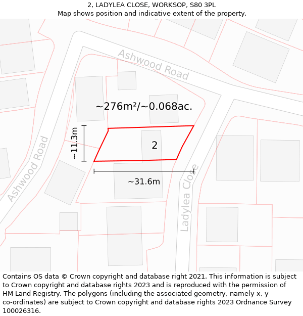 2, LADYLEA CLOSE, WORKSOP, S80 3PL: Plot and title map