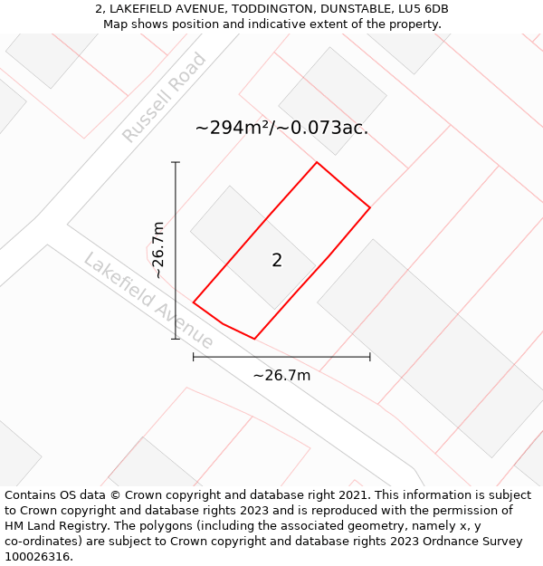 2, LAKEFIELD AVENUE, TODDINGTON, DUNSTABLE, LU5 6DB: Plot and title map